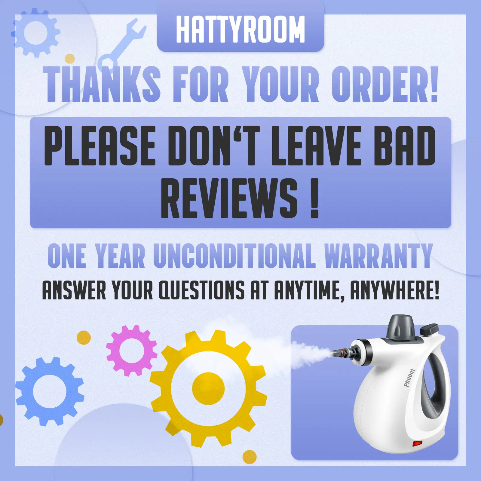 Warranty Card for One Year- Please don't leave us bad reviews, we provide 100% customer service- Handheld Multi-Surface Natural Steam Cleaner with 12