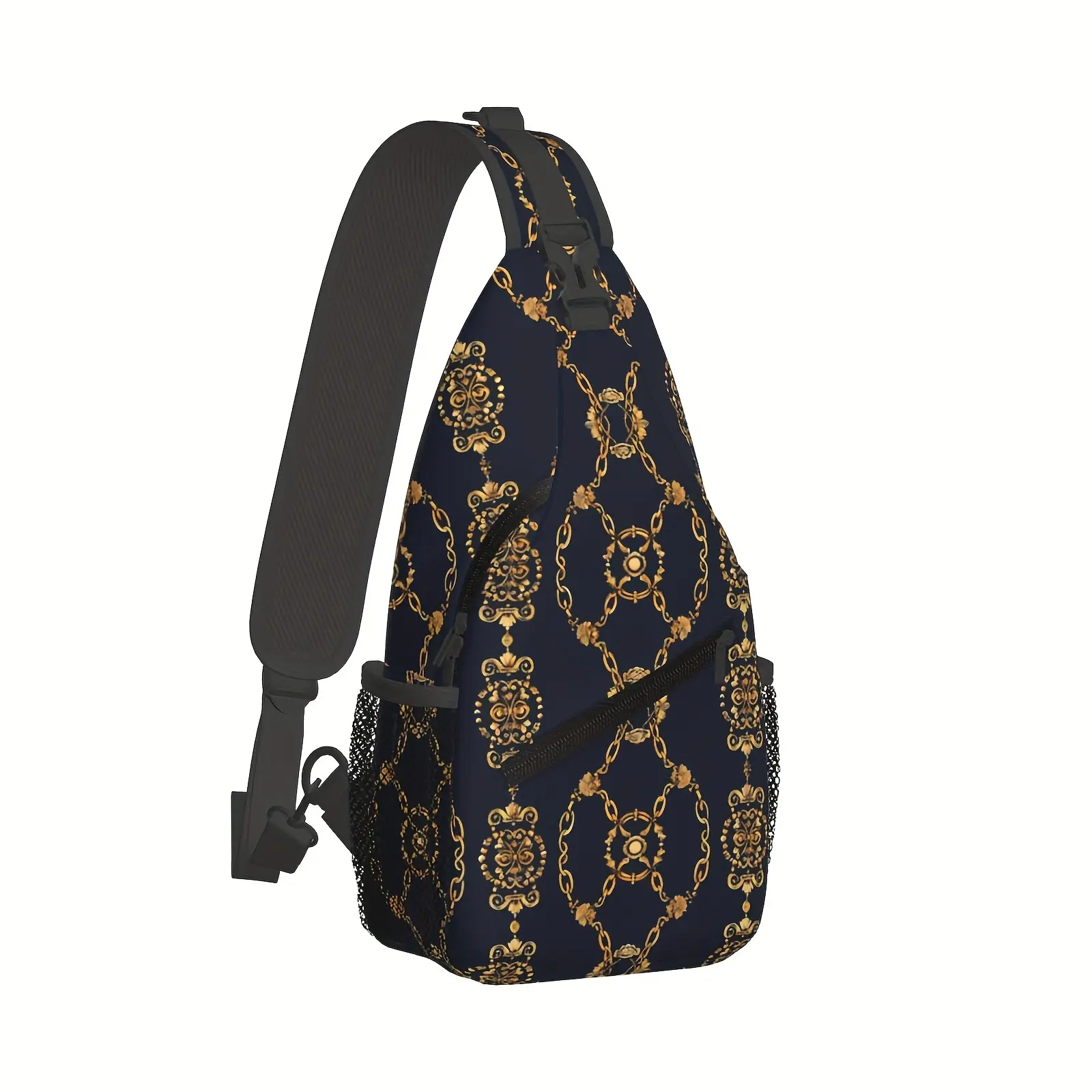 [Made in US] Crossbody Chest Bag Hiking Backpack Golden Chains Shoulder Bag Folding Large Capacity Fashion Durable Can Be Used for Shopping, Work, Leisure Travel Beach Bag Fishing Backpack sling