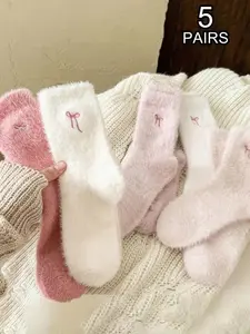 5 Pairs Sweet Bow Plush Socks, Soft and Cozy Winter Footwear, Perfect for Daily Wear, Comfortable and Stylish Women's Socks