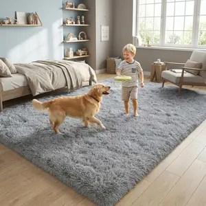 QULINT LightGrey Shaggy Area Rugs for Living Room, Ultra Soft Fluffy Big Carpets for Bedroom, Modern Throw Rug for Spring Decor Aesthetic, Upgrade Non-Slip base, Ideal Gift For Housewarming and Mother's Day, Dry Clean Only, With 4 Carpet Stickers