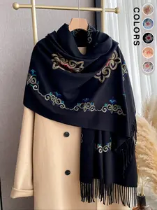 Women's Thick Warm Embroidered Scarf, Bohemian Style Windproof Shawl, Paisley Print Shawl, Embroidery Shawl, High-End Multifunctional Accessory for Fall & Winter