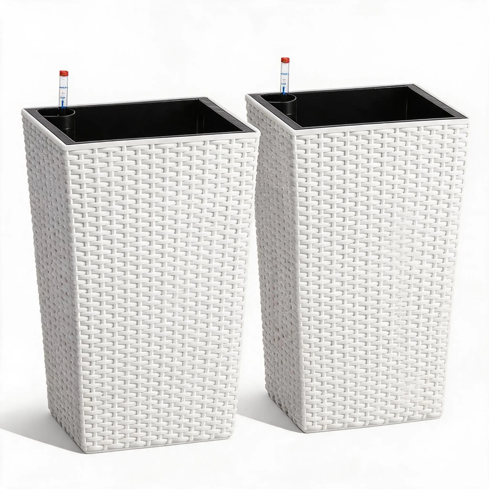 2-Piece Modern Tall Wicker Plant Pots - Large Outdoor Planters with Detachable Liners, Built-in Drainage, Heavy-Duty for Patio, Porch Gardens - White