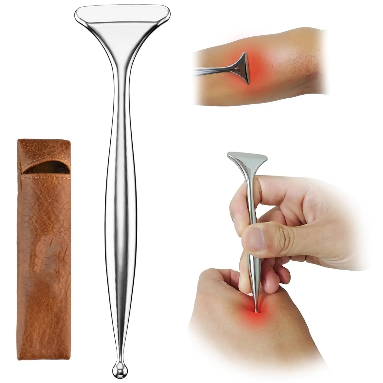 2-in-1 Acupuncture Pen & Fascia Blaster 304 Stainless Steel Gua Sha Scraper Acupressure Massage Tool for Muscle Neck Face Plantar Fasciitis Relief Ergonomic Non-Slip Design with Elegant Storage Bag Body Care Facial Beauty Massagers Shoulder Relaxer