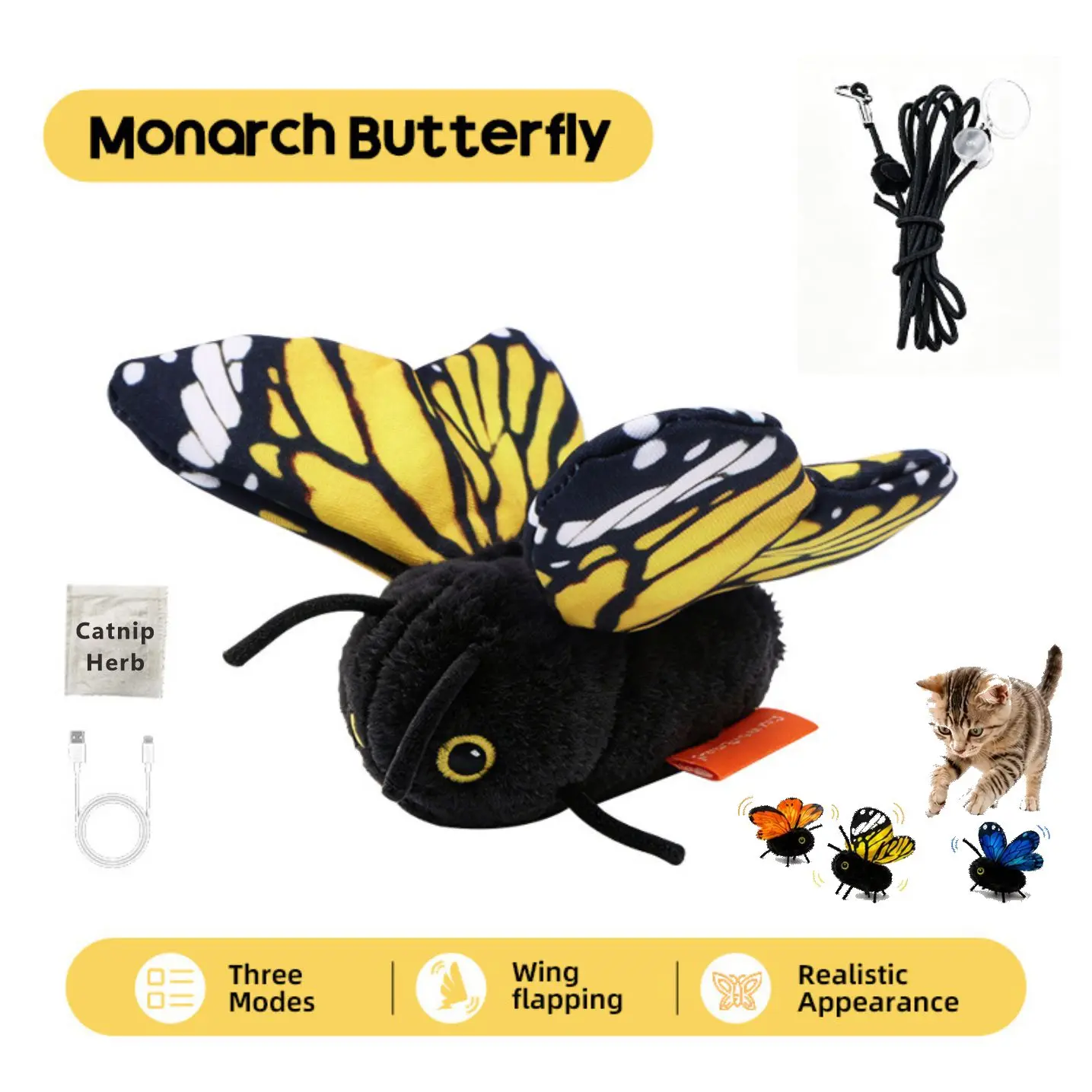 Interactive Electric Butterfly Cat Teaser  - 3 Smart Flying Modes, USB Rechargeable Hanging Design, Washable Cover for Indoor Cats cathunting handheld teasertoy self moving puzzle treat dispenser  automatic stimulating automated toy bouncy ball bird pet