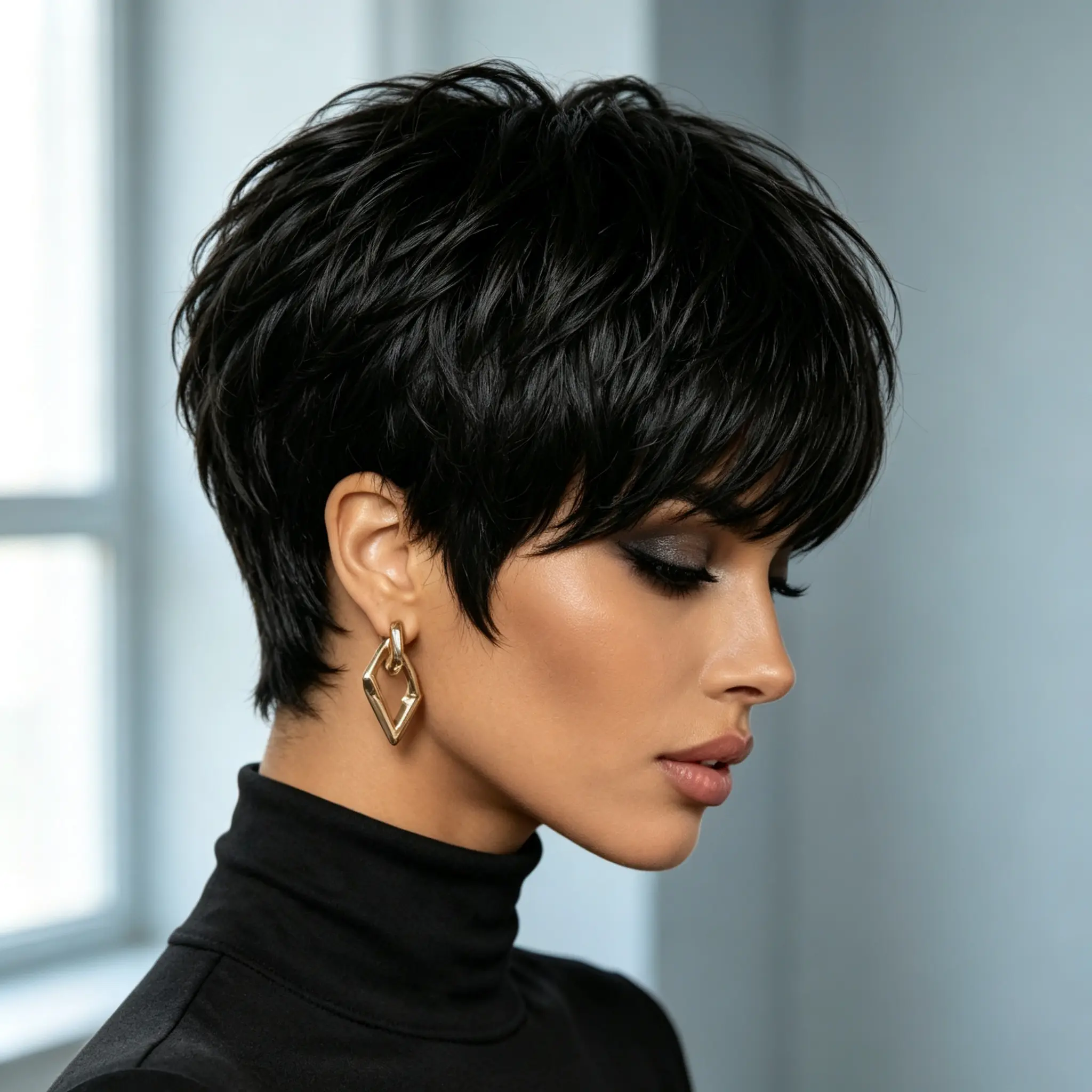 Women's 6-Inch Black Layered Short Pixie Synthetic Full Machine Wig - Textured Spiky Style, Full Fringe Bangs, Lightweight Ready-To-Wear for Daily Work, Dating, Casual Wear, Layered Look