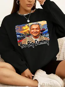 【Plus Size】 Cartoon & Letter Print Crew Neck Sweatshirt, Casual Long Sleeve Pullover for Women, Women's Clothing for Fall & Winter