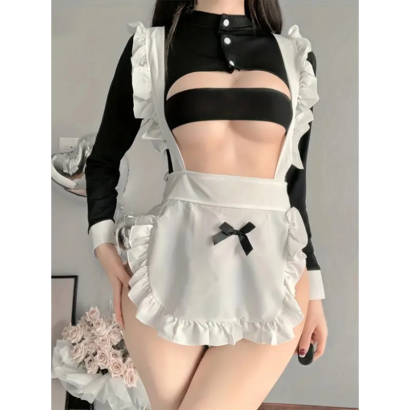 Sexy Maid Costume Set - Long Sleeve Curved Mini Dress with Tights &  Lingerie - Polyester Non-Transparent - Perfect for Cosplay & Role Play  Minimalist Short Basic Comfort Women's Clothes Fabric - TikTok Shop