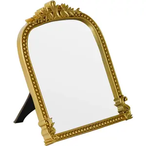 Gold Plastic Arched Makeup Mirror Standing Hanging or Wall Mount Gold Decorative Mirror for Bathroom Living Room Bedroom 10.6x8.6 inch
