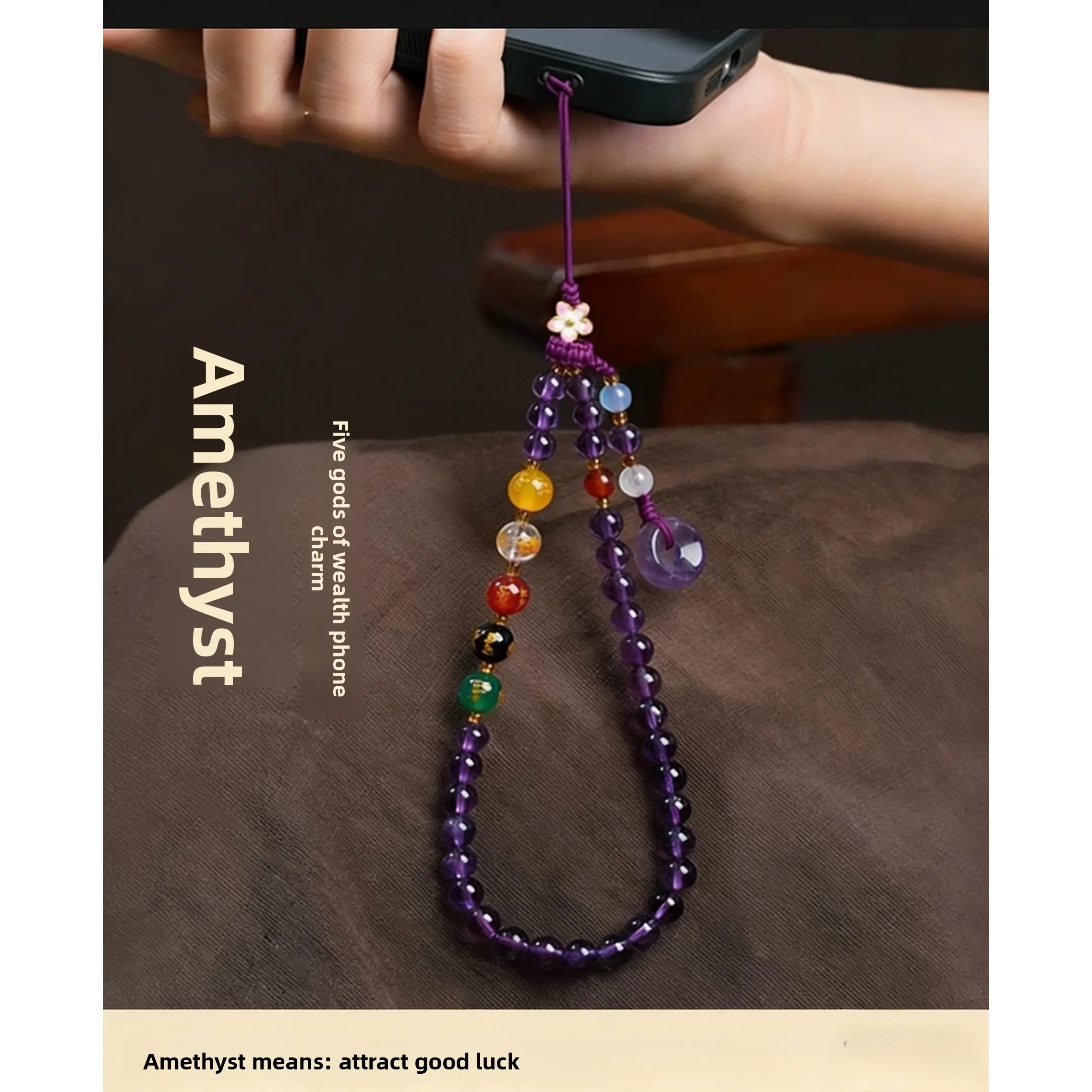 Positive Energy Amethyst Phone Pendant| Multi-colored gemstone mosaic| Lucky Guardian, Mobile Phone Accessories