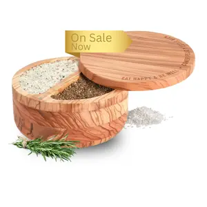 Olivewood Salt Cellar, 2 Compartments Spice Box, Rotating Lid with Magnetic Closure, Kitchen Seasoning Utensils and Gadgets, Essential for Any Gournment Kitchen