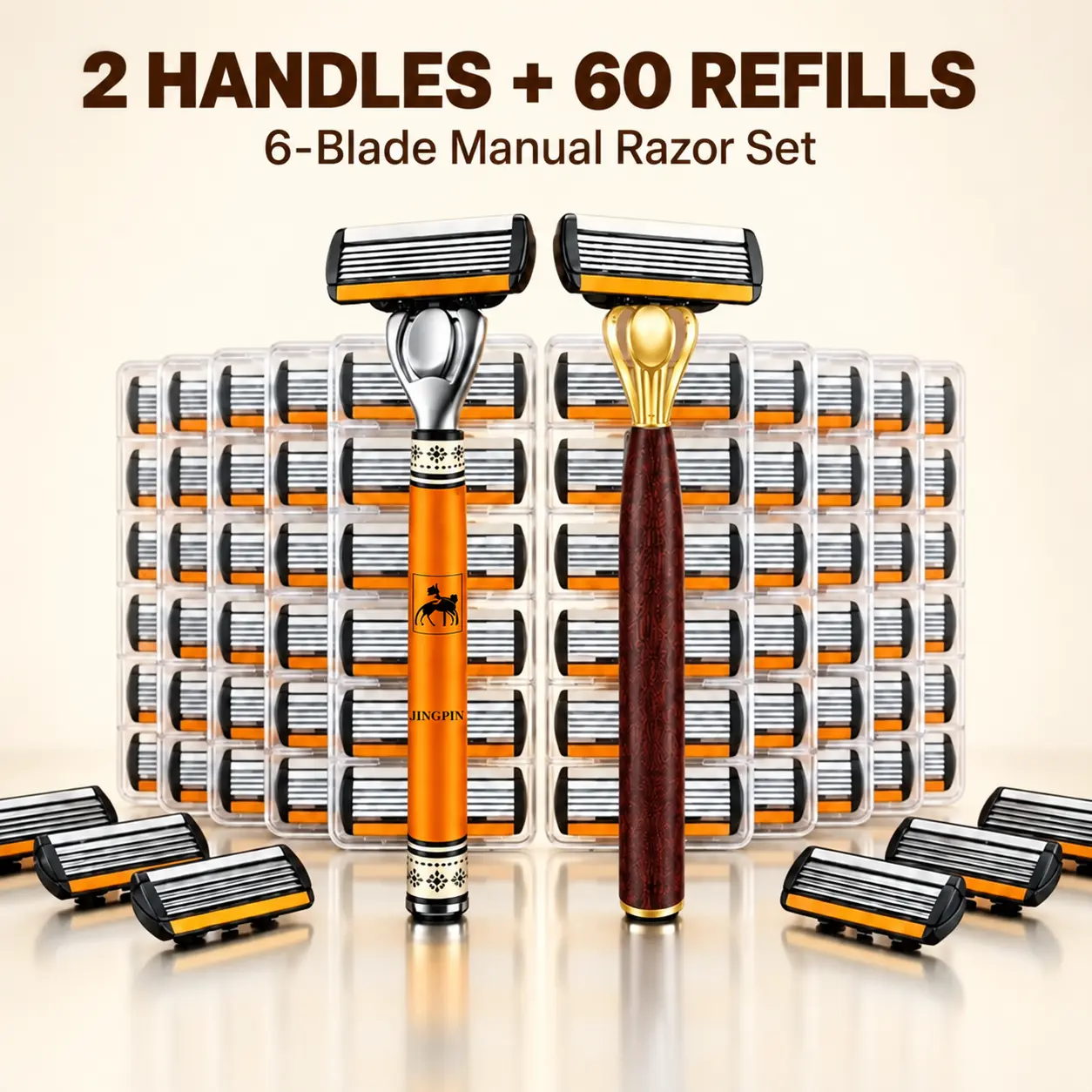 Men's Manual Shaving Razor Set with 2 Handles and 60 Replacement Cartridges, 6-Blade Razor Refills for Facial Shaving