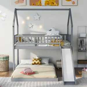 Twin Over Full Bunk Bed Frame with Roof, Wooden Floor Bunk Bed with Built-in Ladder & Slide, Full-Length Guardrail, Grey