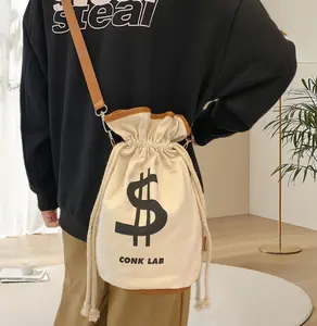 Canvas Backpack, Japanese Portable Storage Drawstring Shoulder Bag, Multifunctional Casual Money Bucket Purse