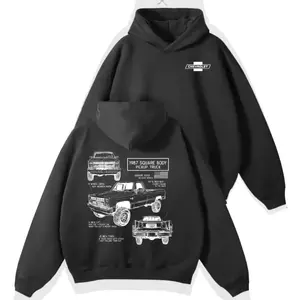 1987 Chevrolet Square Body Hoodie, Retro Technical Drawing Of Classic Pickup With Lift Kit and 4WD Specs, Unisex Pullover For Truck Enthusiasts
