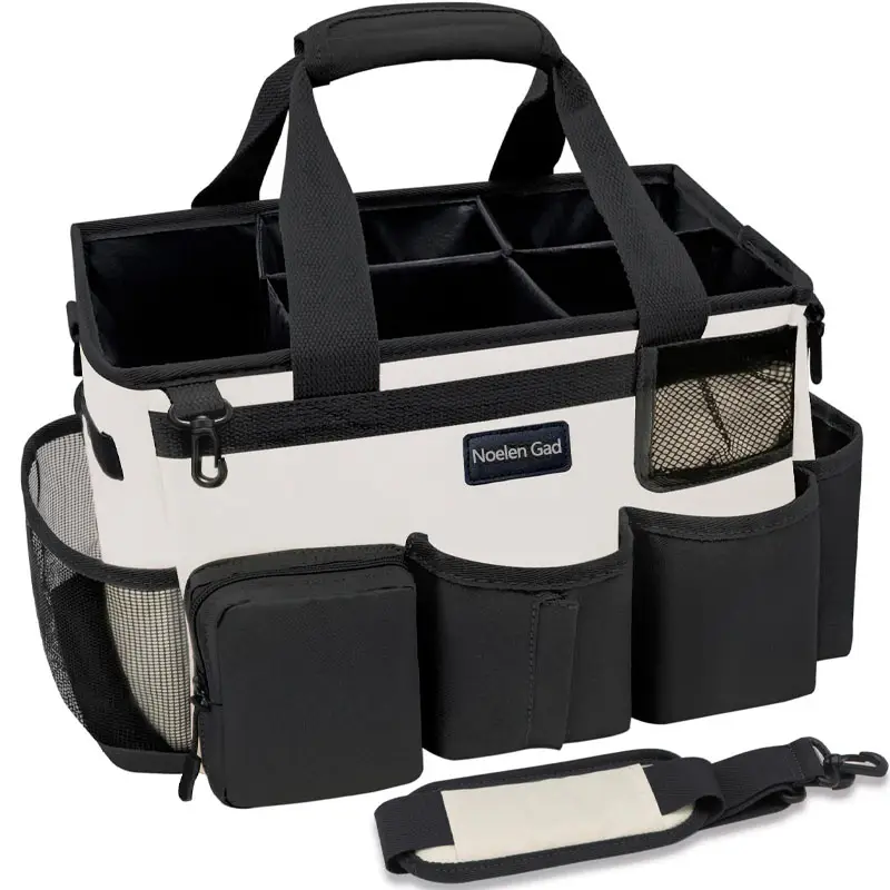 Portable large capacity wearable cleaning bag cleaning supplies handbag adjustable cleaning storage bag Organiser Aluminium Mesh Pad Strap Black