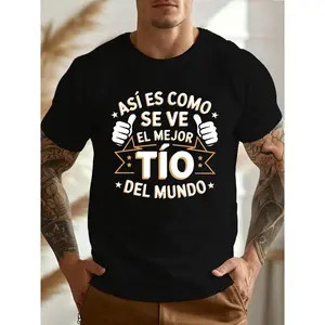 Men's "Best Uncle In The World" Spanish Text T-Shirt - Lightweight Thumbs-Up & Stars Graphic Tee with "Mejor Tío Del Mundo" Design, Casual Short Sleeve Shirt for Uncles, Machine Washable Gift Streetwear Round Neck Shortsleeve Menswear