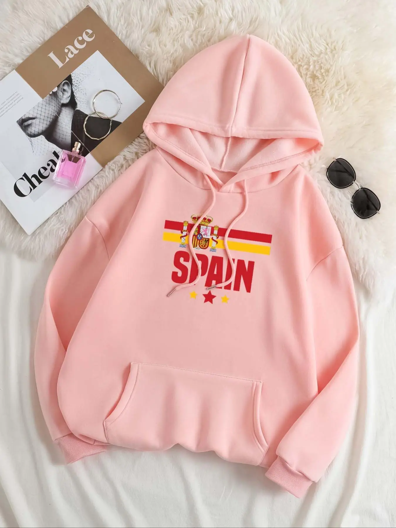 Women's Spain Flag Print Drawstring Pocket Hoodie, Casual Long Sleeve Hooded Sweatshirt for Fall & Winter, Women's Clothes for Daily Wear