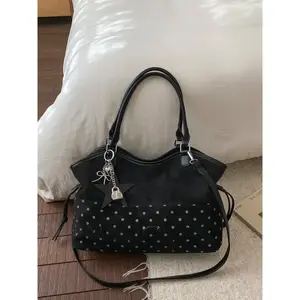1pc Ladies' one shoulder tote bag with pendant polka dot design, zipper closure, casual versatile, retro trendy, practical, casual commuter bag, Casual handbag satchel, suitable for students' daily commuting, shopping and gatherings