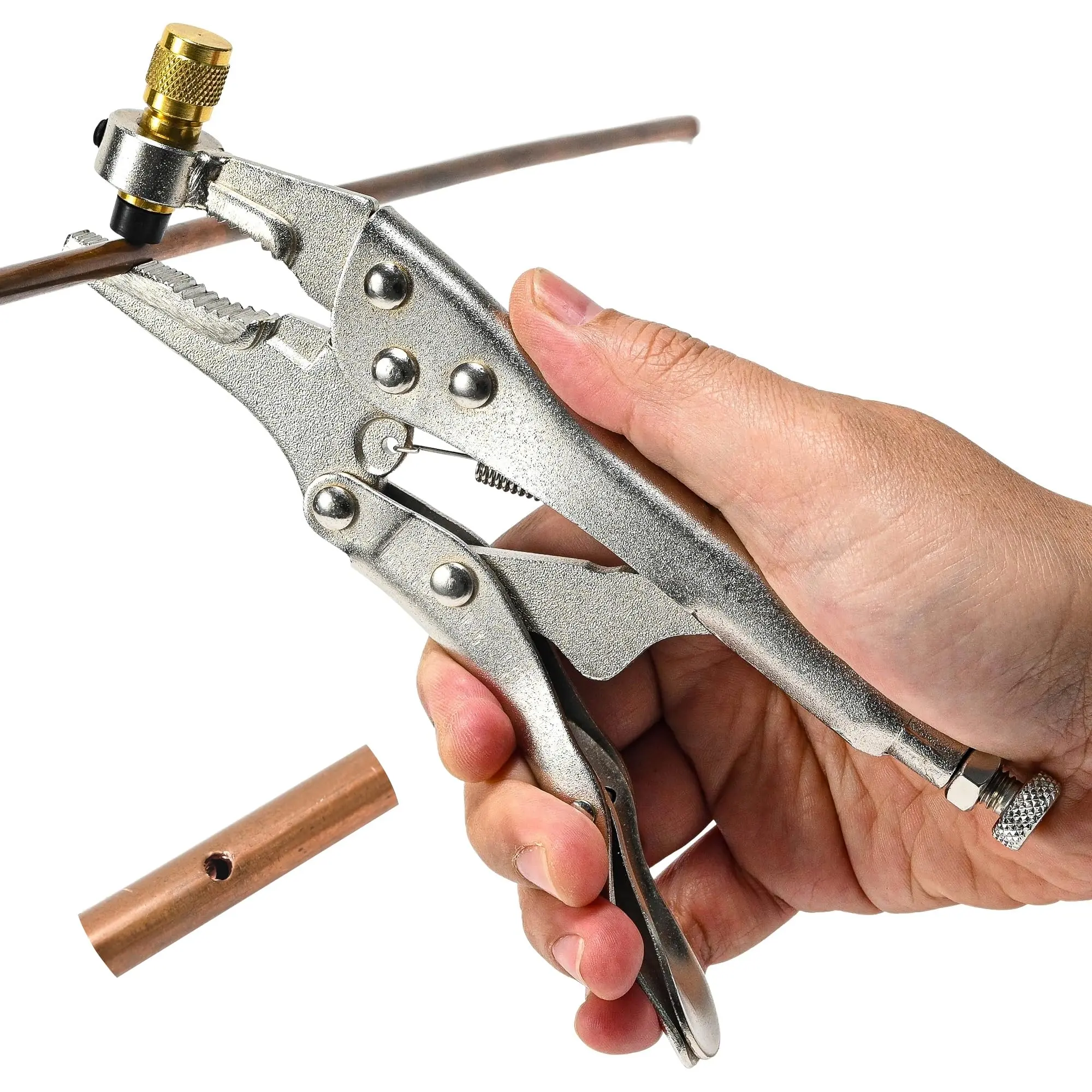 Refrigerant Recovery Steel Locking Plier with Locking Jaws - 1/4" SAE Size Tube Piercing Tool for Air Conditioner Welding, Compatible with Copper Tubes, Steel Body Refrigeration Line Hand Tool, 1/4" Size