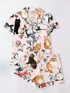 Cute Cat Garden Print Short Sleeve Shorts Set, Fitted Casual Homeewear for Women, All Seasons Wear, Two-Piece Pajama Sleepwear