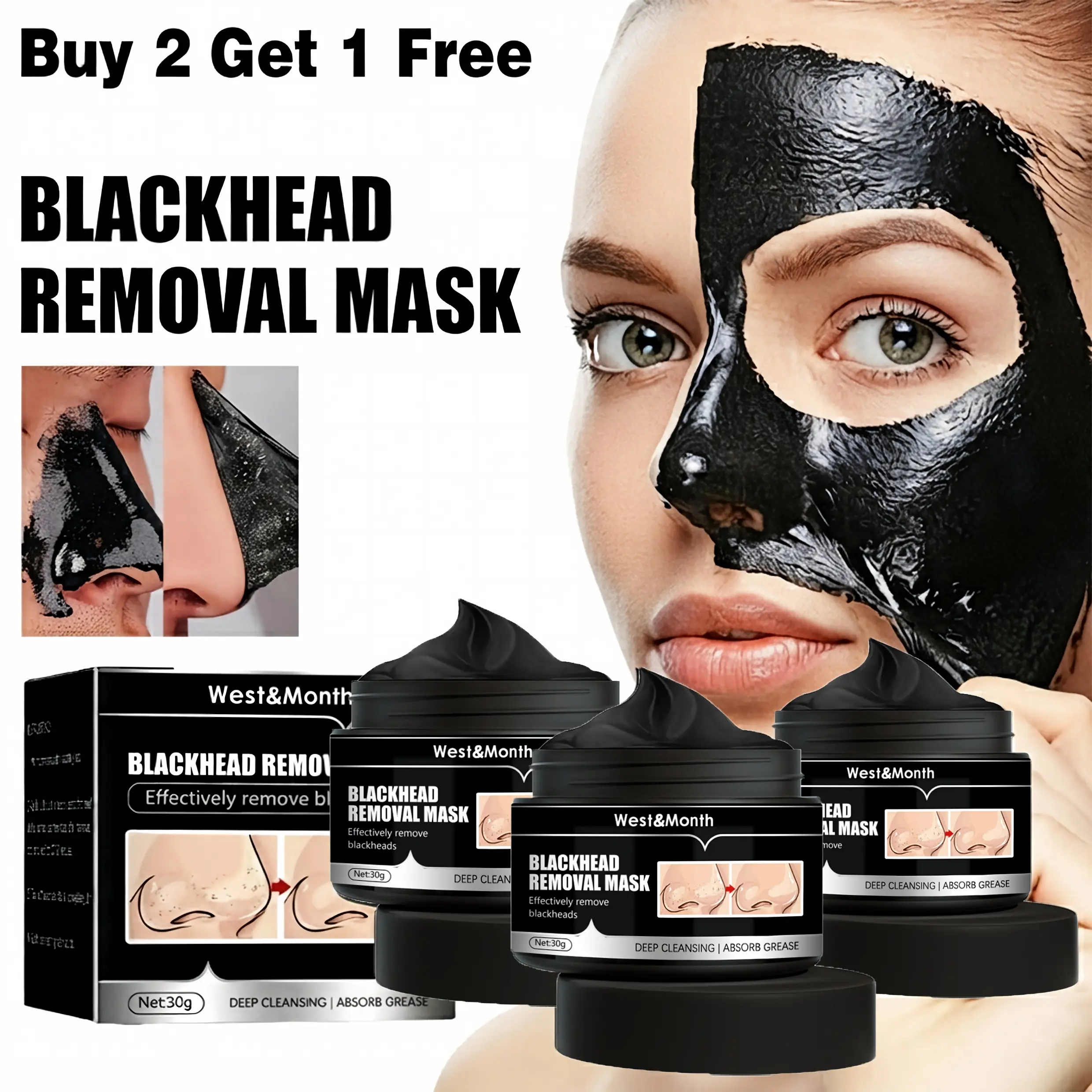 3 Pack Bamboo Charcoal Peel Off Blackhead Removal Mask 30g (Buy 2 Get 1 Free), Deep Cleansing Black Tear Clay Mask for Face & Nose, Natural Purifying Facial Treatment, Absorb Excess Facial Grease, Hydrate & Moisturize Skin to Shrink Enlarged Pores