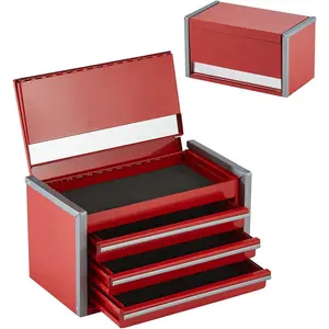 Metal Tool Box, 8.6-inch, Portable Metal Tool Box with 3 Drawers, Small Tool Chest with EVA Liners and PP Feet Pads, Heavy-Duty Steel With Ball Bearing Opening and Powder Coated Finish, Red