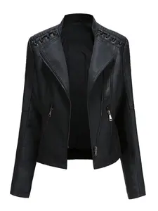 Women's Spring Autumn Faux Leather Motorcycle Jacket, Asymmetrical Front Design, Fitted Thin PU Coat, Casual Fashion Outerwear