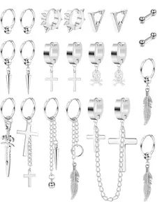 21pcs 316L Stainless Steel Hoop Earrings, Men Women Dangle Chain Earrings, Versatile Earrings, Punk Gothic Kpop Style, Leaf Cross Design, Unisex Jewelry Set