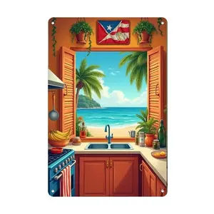 Aluminum Cozy Tropical Kitchen Painting Wall Art with Beach View and Puerto Rico Flag for Home Office Cafe Bar Decor Easy to Hang