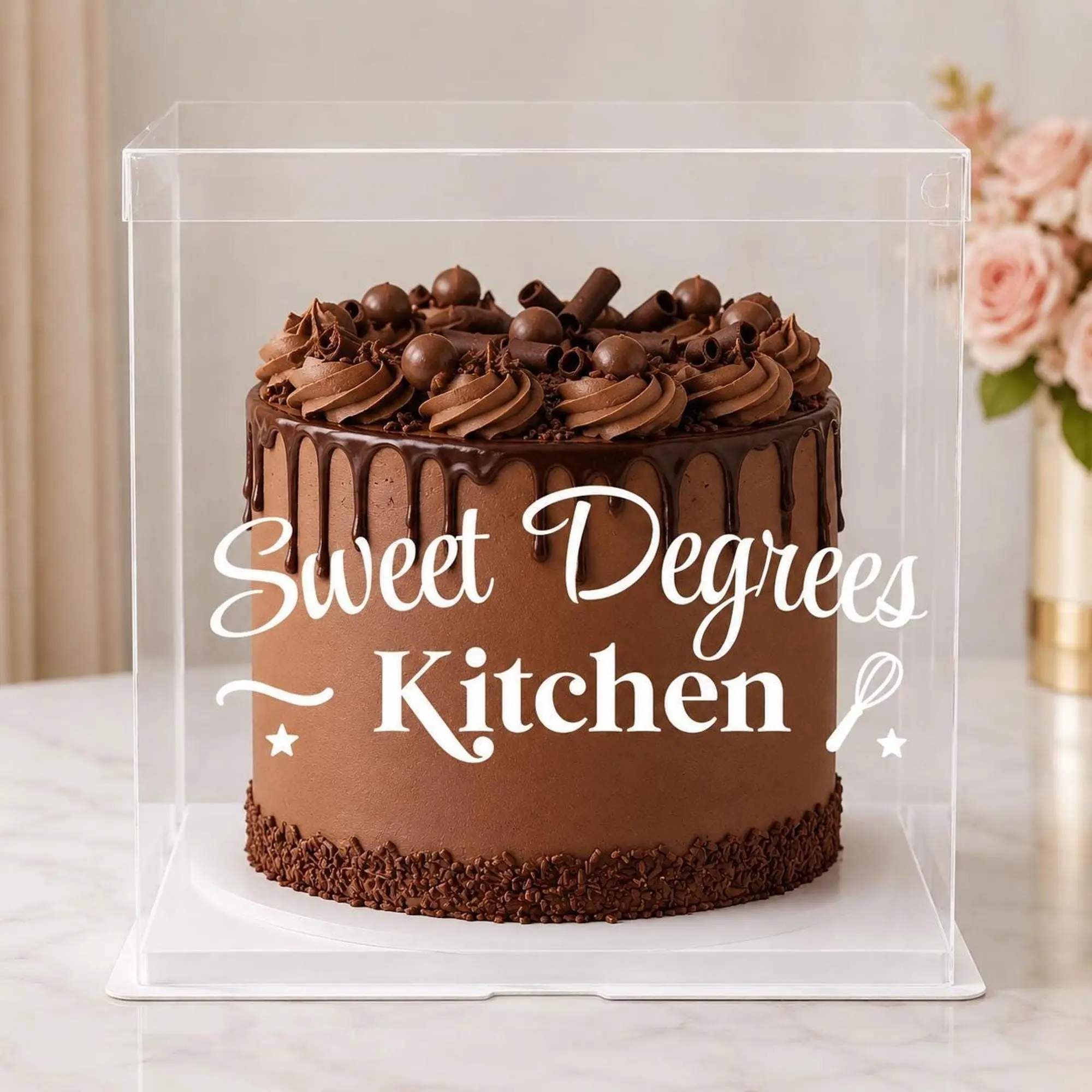Personalized Clear Cake Box with Custom Bakery Name, 14 × 14 × 16 Inches