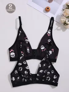 Women's Halloween Skull Bralette Set, Casual Style, Moderate Fabric Thickness, Front Closure Design, Perfect for Halloween, Underwear