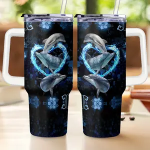 1 Piece Dolphin Water Cup with Handle and Straw Dolphin Heart-Shaped Water Cup, Large Capacity 40 Ounce Stainless Steel Dolphin Travel Coffee Cup, Dolphin Christmas Gift