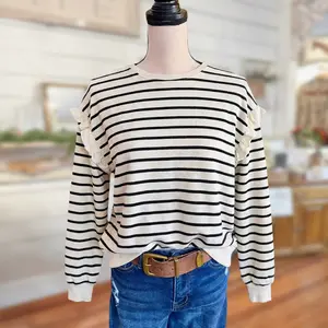 SageVell Striped 100% Cotton Sweatshirt for Women, Black and White Long Sleeve Pullover with Ruffle Detail Casual Top SpringStatements