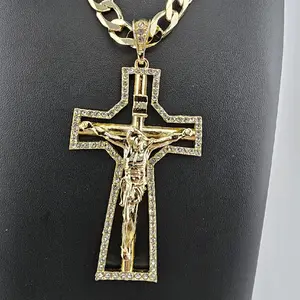 (C53)  (HH) 14KGoldLaminated  4 inches cross pendant and chain 9m 24 inches
