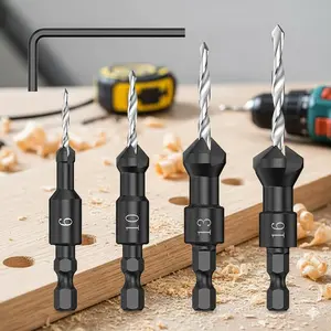 Professional 4-Piece HSS Hex Shank Countersink Set: Precise Pilot Holes for #6, #10, #13, #16 Screws, Chamfering & Deburring Tool, High-Strength Woodworking Counterbore Kit for Furniture Assembly, Drilling into Wood & Plastic, Drill Bits Set