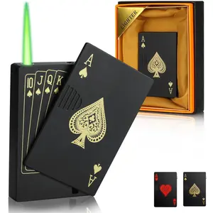 (Requires Self Inflation)Poker Ace Lighter - Windproof Green Jet Flame Torch with Hidden UV Light, Unique Metal Playing Card Design, Refillable Pocket Lighter for Camping, BBQ& EDC