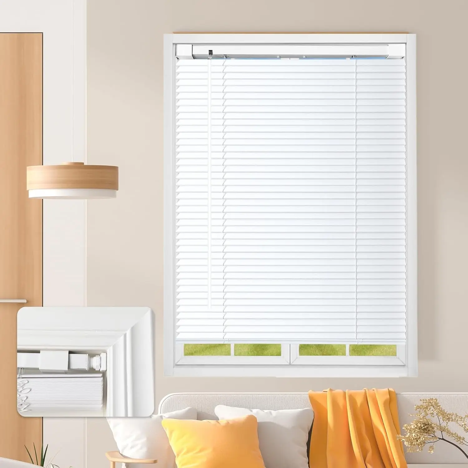 No Drill L-Shaped Vinyl Cordless Mini Blinds,White,23.5" Wx 64" H | 1",No Tools,Horizontal Window Blinds,Light Filtering,Indoor Windows