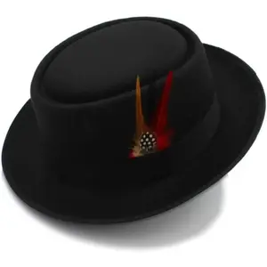 SUNDAY MIRTH Classic Pork Pie Hat with Feathers Flat Top Fedora, Vintage Panama Hats, Warm Comfortable Jazz Cap