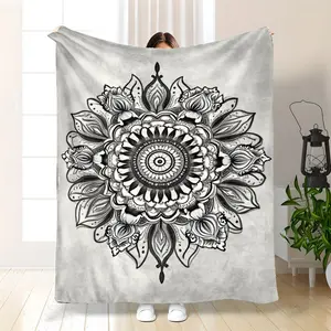 Traditional Style Mandala Printed Fleece Blanket Soft Warm Durable All Season Throw for Home Office Travel Machine Washable White Geometric Pattern Cozy Decorative Accent Bed Blanket Christmas Gift