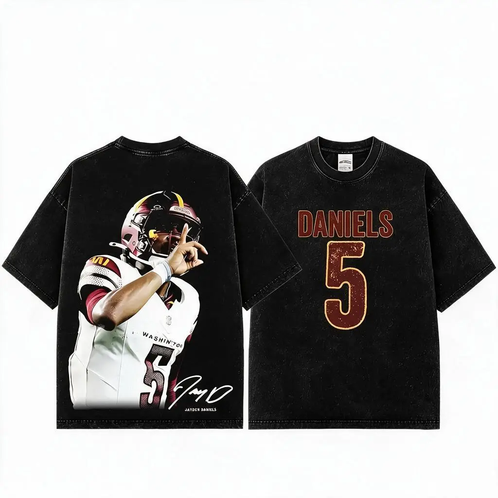Menswear Unisex Jayden Daniels #5 Premium Acid Washed Cotton Short-Sleeve T-Shirt, Heavyweight Vintage Graphic Top, JD5 Casual Football Fan Commanders Game Day Apparel, Oversized Streetwear Gift, Shortsleeve