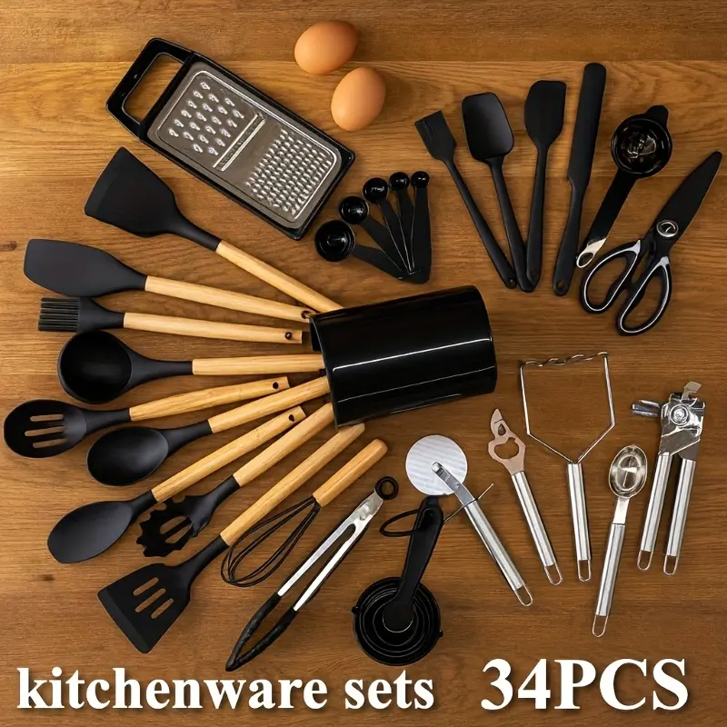 34-Piece Durable Silicone Kitchen Utensil Set with Wooden Handle, Storage Stand & Turner - Heat Resistant, Scratch Resistant Kitchen Supplies for Non-Stick Cookware, Multiple Tools in Tan, Black, Pink, Red, Silicone Body Feels Gentle On Pans, 34 Tools For
