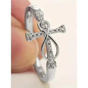 Fashion Rhinestone Cross Design Ring, Rhinestone Decor Ring, Fashion Engagement Rings, Wedding Engagement Bridesmaid Costume Dress Prom Jewelry, Trendy All-match & Exquisite Jewelry for Birthday Gift for Women & Girls, Valentine's Day, Gift