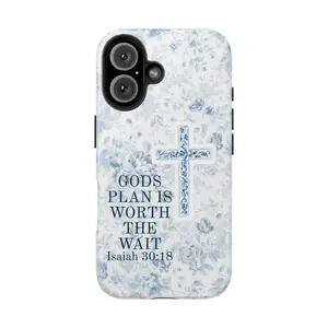 Christian Phone Case - God's Plan and Cross Design  Vintage Floral and Pastel Blue Aesthetic Phone Cover,   Compatible with iPhone 17 Pro Max 16 Plus 15 14 13 12
