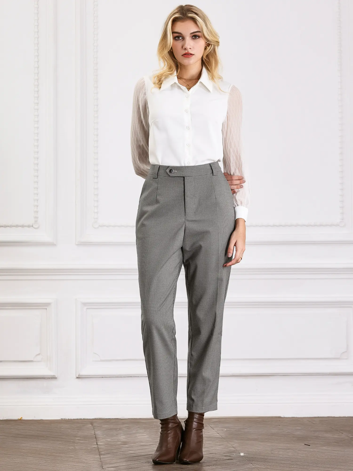 INSPIRE CHIC Women's Houndstooth Pant Vintage Work Plaid Long Trousers