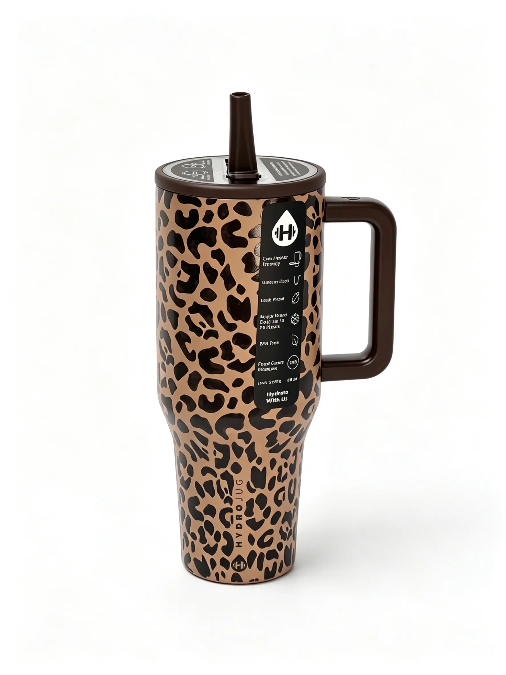 HydroJug Traveler 40oz Portable Vacuum Insulated Stainless Steel Flask Tumbler, Leakproof, BPA-Free, Ergonomic Handle, Cup Holder Friendly, Classic Leopard & Stranger Things Skull Design, Straw Included for Sports Use, Flasks, Insulated Coffee Tumbler, 7-