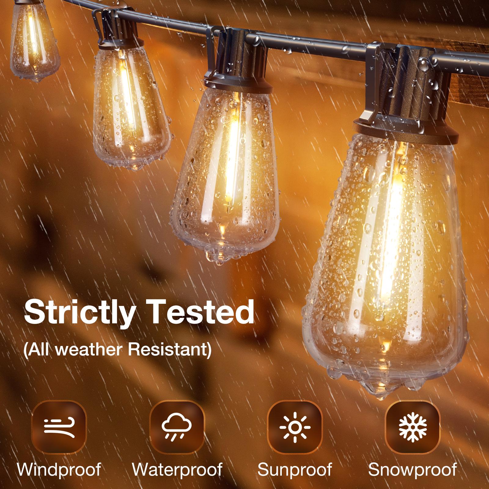 IP54 Waterproof LED Outdoor String Lights - ETL Listed, Shatterproof ST38 Bulbs, Dimmable & Connectable, Warm White For Garden, Porch, Patio, Balcony, Backyard, Bistro, Party & Holiday Gift