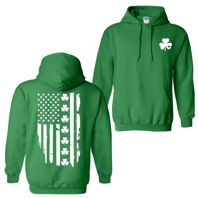 Men's Classic Hooded Cotton Blend Sweatshirt, Longsleeves Foldable Unisex Pullover with Shamrock American Flag Graphic Print, Ribbed Patriotic Irish St. Patrick's Day Gift Top, Heavy Fabric