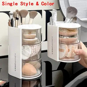 Two-In-One Powder Puff Storage Box, Desktop Makeup Brush Holder, Rotating Display Rack, Cosmetic Organizer for Cotton Rounds & Beauty Sponges