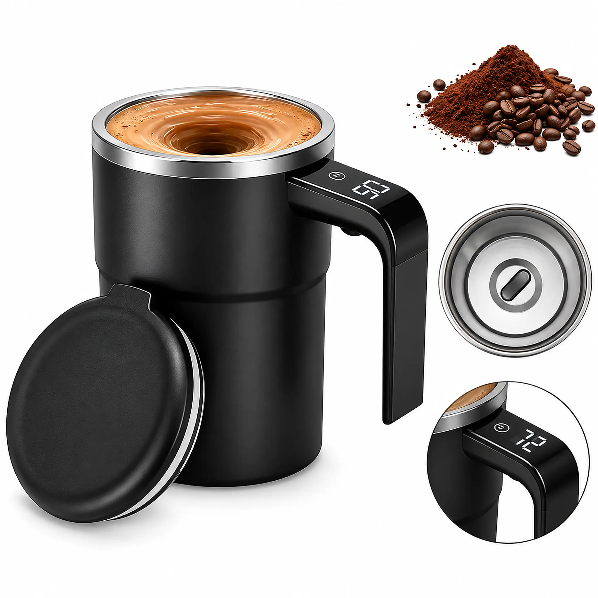 Magnetic Self-Stirring Coffee Mug with Lid, Rechargeable USB Charging Cup with LCD Temperature Display, Stainless Steel ABS & Copper Drinkware for Coffee, Milk, Cocoa, Tea, Office, Kitchen, Travel & Gift（Christmas Gift）