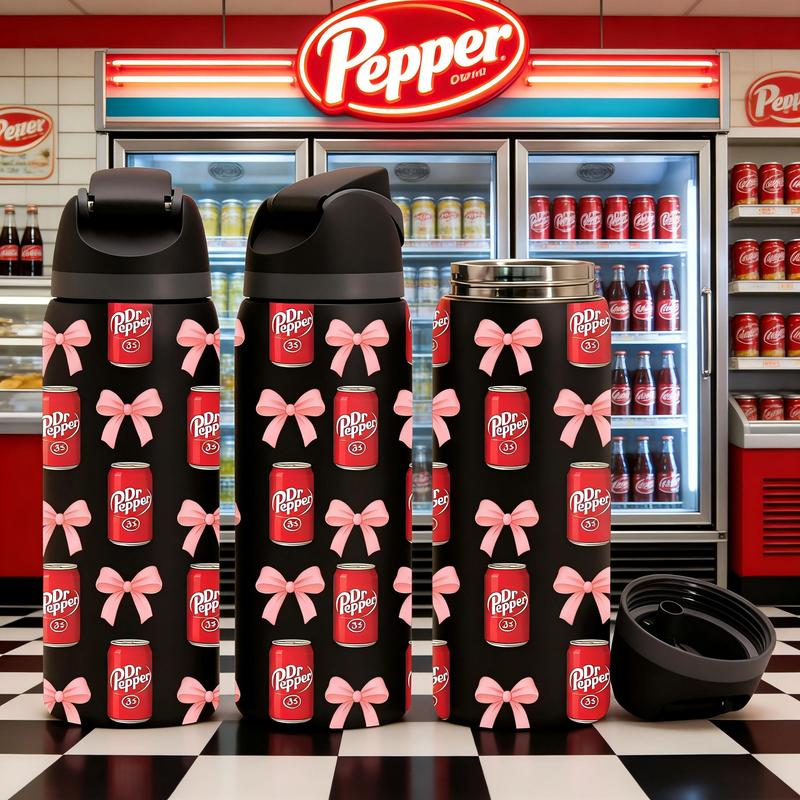 AuraCup 1pc 19/24/32oz Insulated Tumbler with Lid and Straw, Cute Dr Pepper Can and Pink Bow Pattern, Double Wall Leakproof Stainless Steel Water Bottle for Hot & Cold Drinks, TikTok Trending Aesthetic Cup, Perfect Gift for Girls, Teens, Friends, Daughter